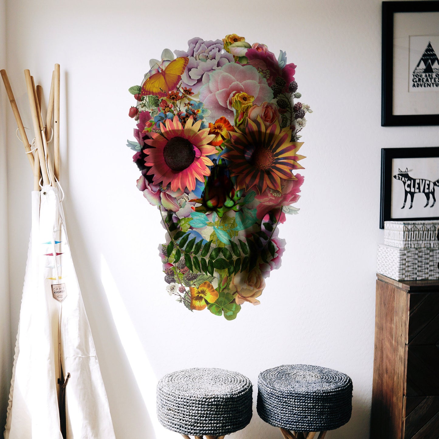 Skull Wall Decal, Floral Skull Wall Sticker, Sugar Skull Art Home Decor, Vinyl Gothic Skull Wall Art Gift, Boho Sugar Skull Art Wall Decal
