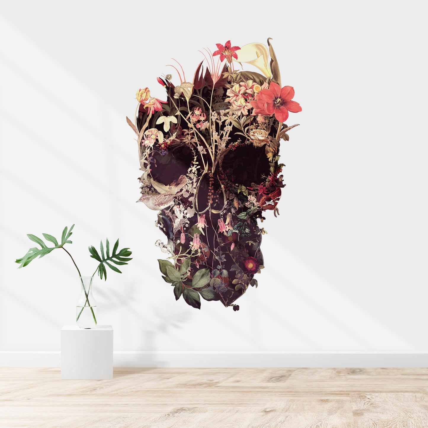 Bloom Skull Wall Decal, Floral Skull Wall Sticker, Sugar Skull Wall Art Home Decor, Gothic Skull Wall Art Gift, Boho Flower Skull Wall Decal