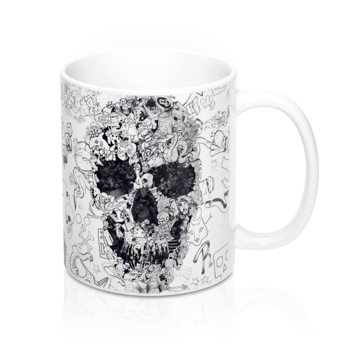 Skull Coffee Mug 11oz, Black And White Sugar Skull Mug Gift, Doodle Skull Ceramic Coffee Mug, Modern Skull Drawing Mug