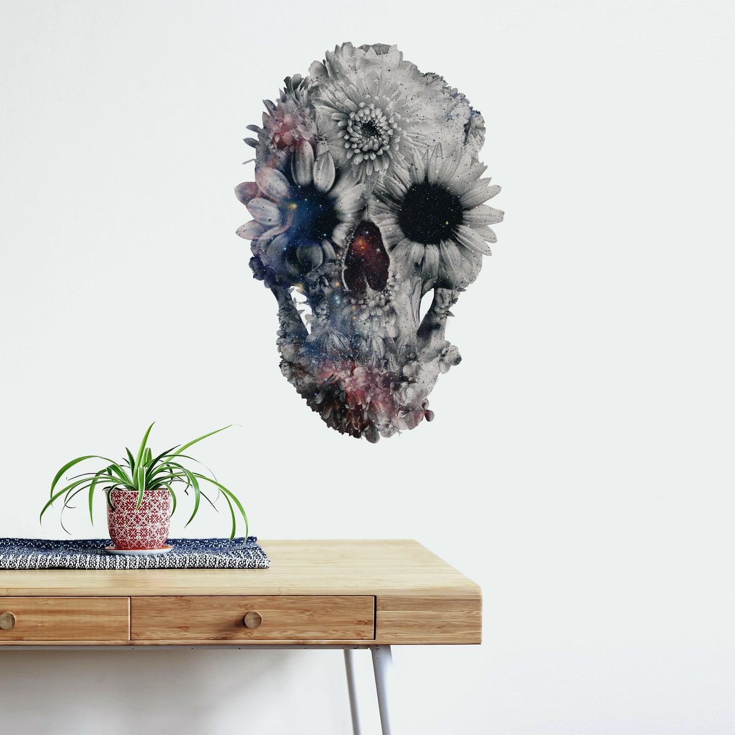Gothic Wall Sticker, Flower Skull Art Wall Decal, Vinyl Sugar Skull Home Decor, Black And White Skull Wall Art Gift, Floral Skull Wall Decal
