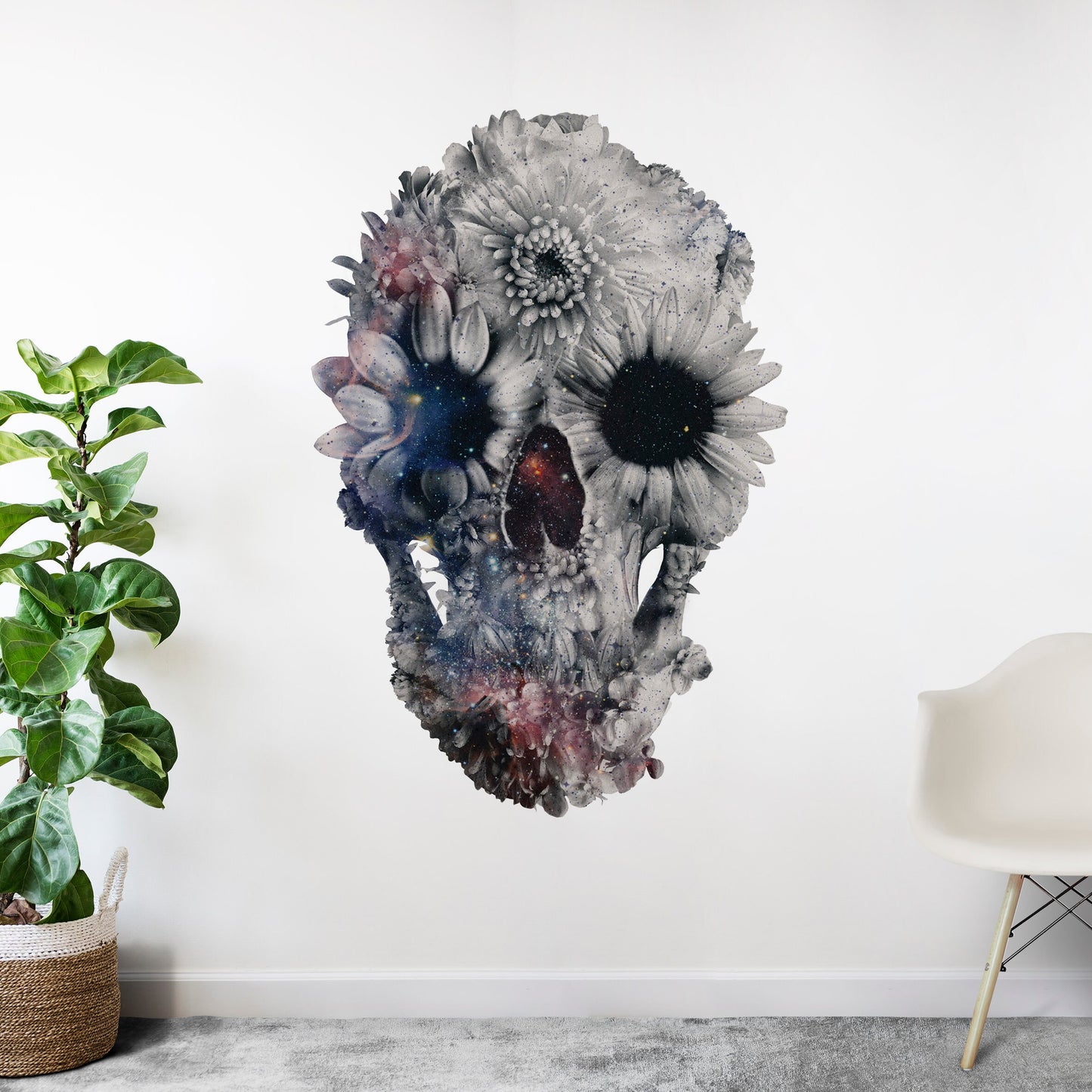Gothic Wall Sticker, Flower Skull Art Wall Decal, Vinyl Sugar Skull Home Decor, Black And White Skull Wall Art Gift, Floral Skull Wall Decal