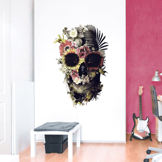 Garden Skull Wall Decal, Floral Skull Art Wall Sticker, Sugar Skull Wall Art Home Decor, Gothic Skull Wall Art Gift, Boho Flower Wall Decal