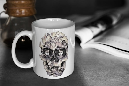 Music Skull Coffee Mug 11oz, Casette Tape Sugar Skull Mug Gift, Gothic Skull Ceramic Coffee Mug Gift, Broken Skull Mug Gift