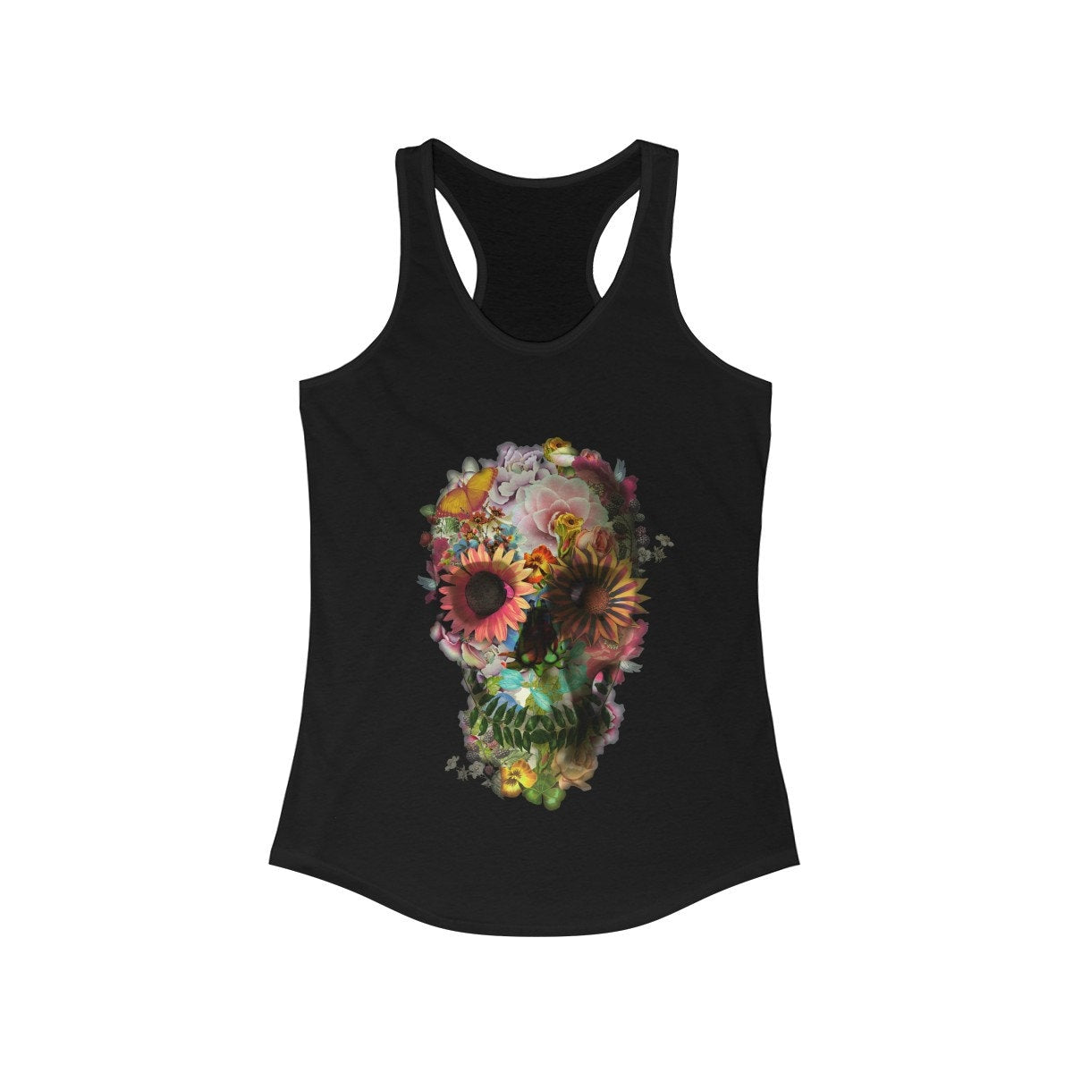 Floral Skull Women's Tank Top, Racerback Womens Boho Skull Tank Top, Gothic Flower Skull Tank Gift For Her