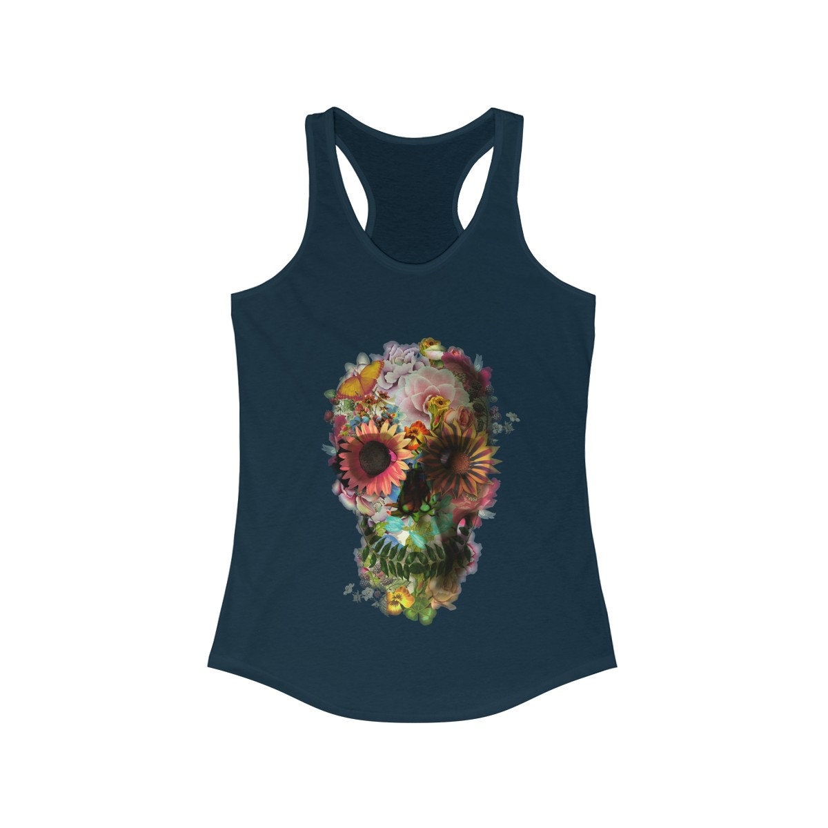 Floral Skull Women's Tank Top, Racerback Womens Boho Skull Tank Top, Gothic Flower Skull Tank Gift For Her
