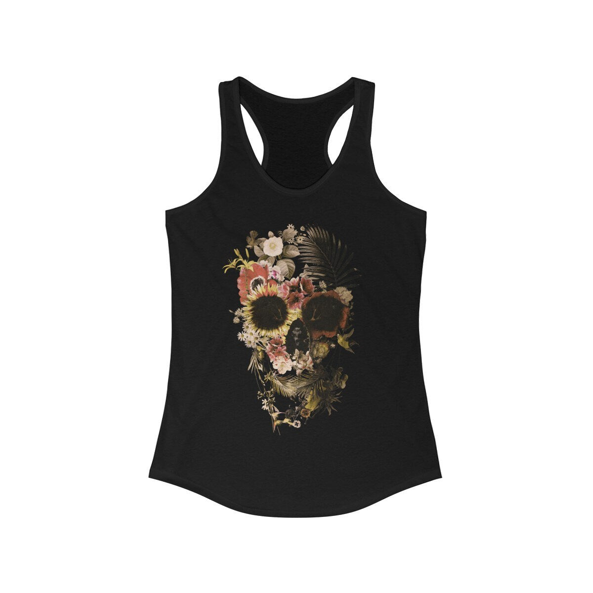 Garden Skull Women's Tank Top, Womens Racerback Floral Skull Tank Top, Gothic Flower Skull Tank Gift For Her