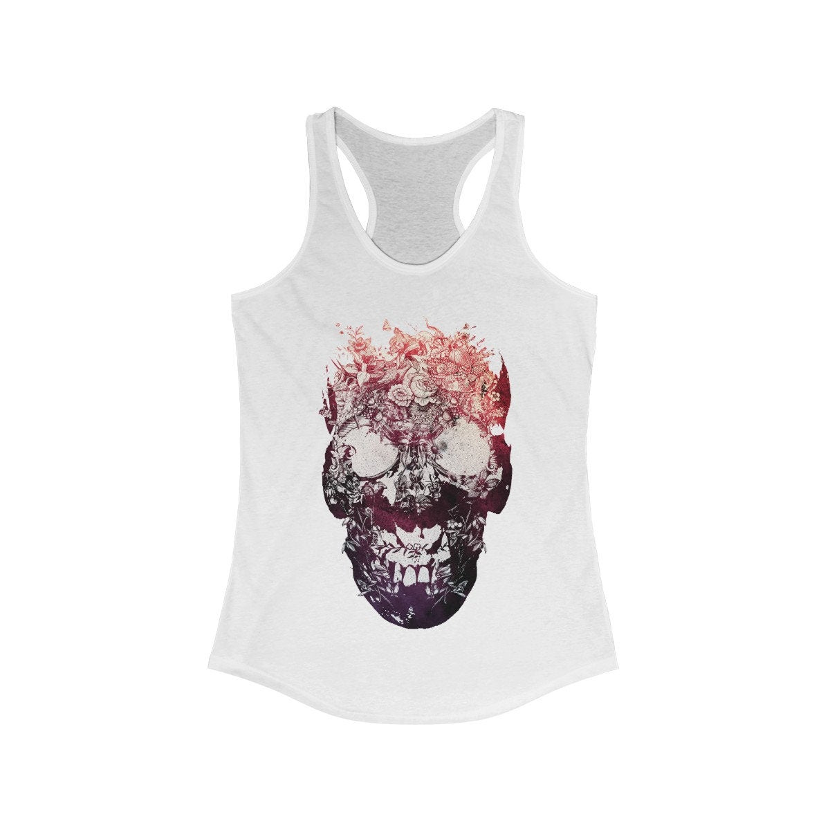 Women's Skull Tank Top, Floral Skull Womens Racerback Tank Top, Gothic Flower Skull Tank Gift For Her