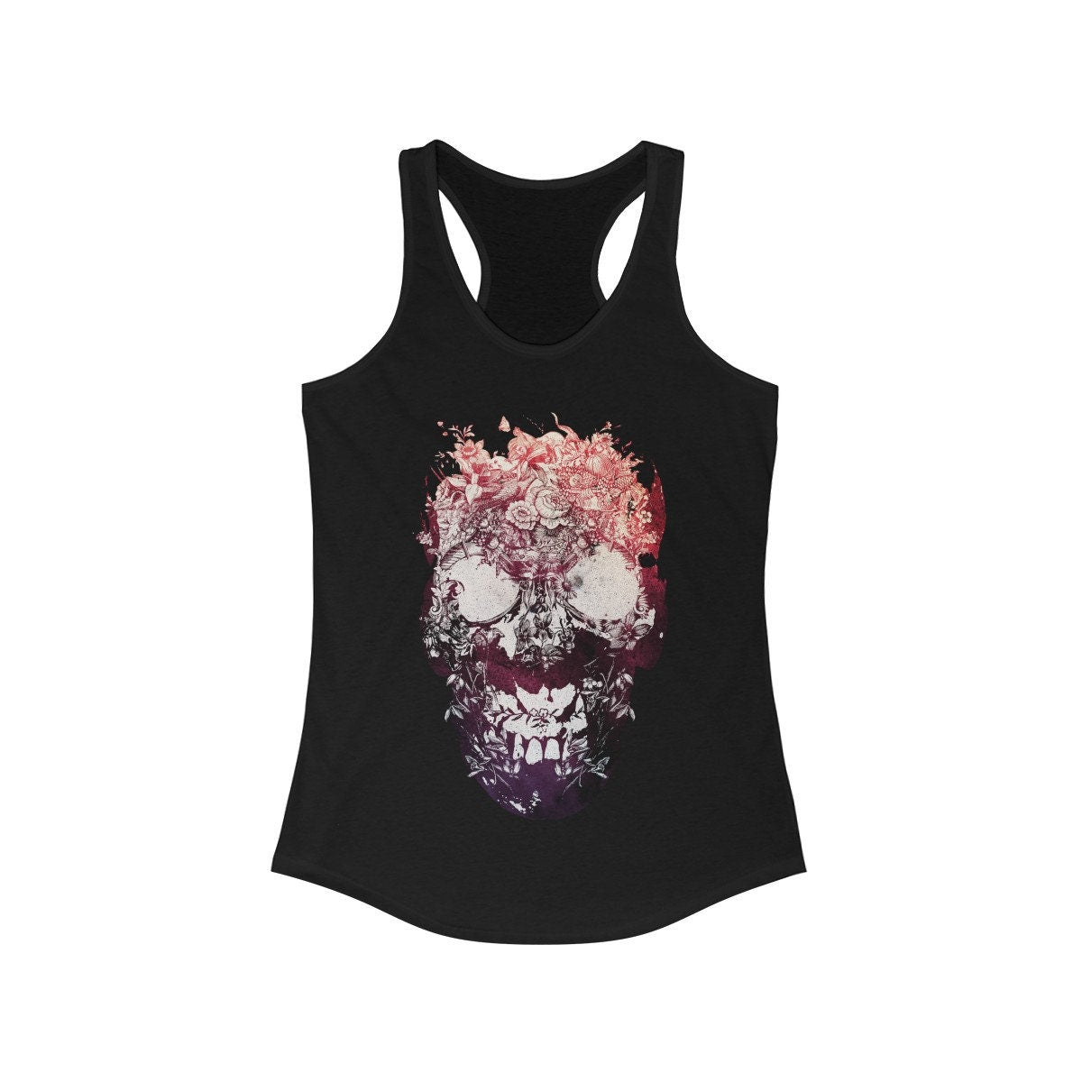 Women's Skull Tank Top, Floral Skull Womens Racerback Tank Top, Gothic Flower Skull Tank Gift For Her