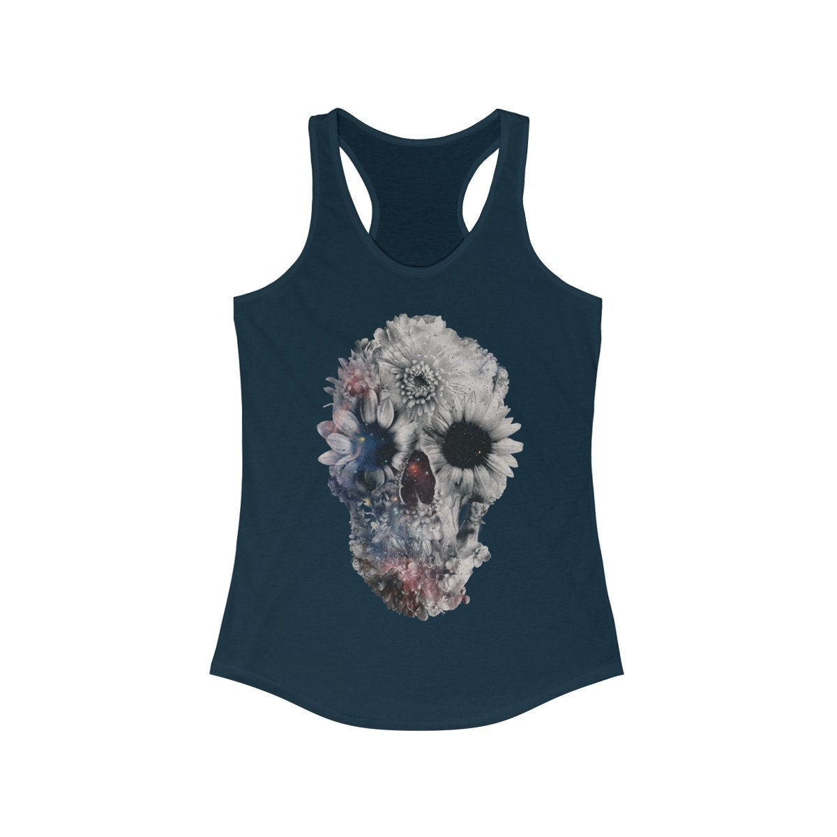 Flower Skull Women's Tank Top, Womens Racerback Sugar Skull Tank Top, Gothic Flower Skull Tank Top Gift For Her