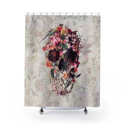 Flower Skull Shower Curtain, Boho Floral Skull Shower Curtain Decor, Gothic Sugar Skull Shower Curtain Home Decor, Skull Bathroom Decor