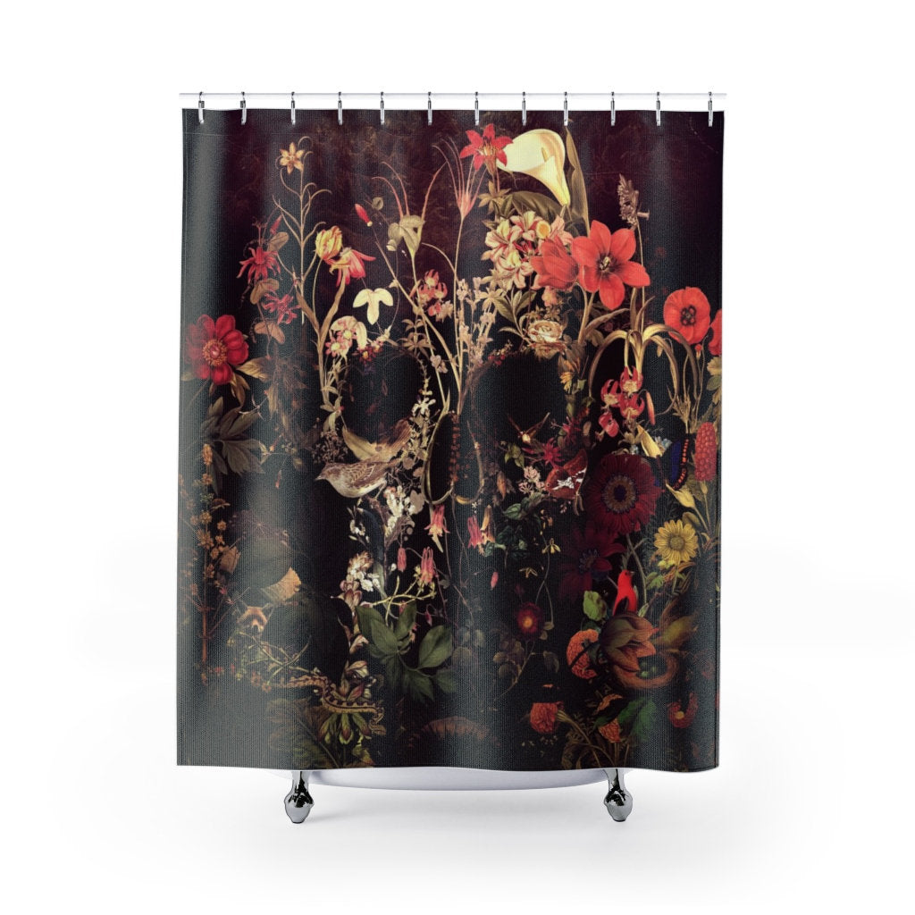 Bloom Skull Shower Curtain, Floral Skull Shower Curtain Decor, Gothic Flower Skull Shower Curtain Home Decor, Sugar Skull Bathroom Decor