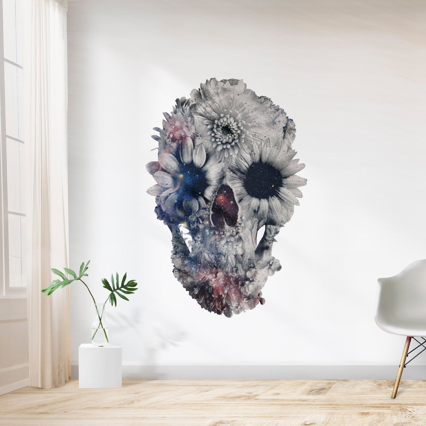 Gothic Wall Sticker, Flower Skull Art Wall Decal, Vinyl Sugar Skull Home Decor, Black And White Skull Wall Art Gift, Floral Skull Wall Decal