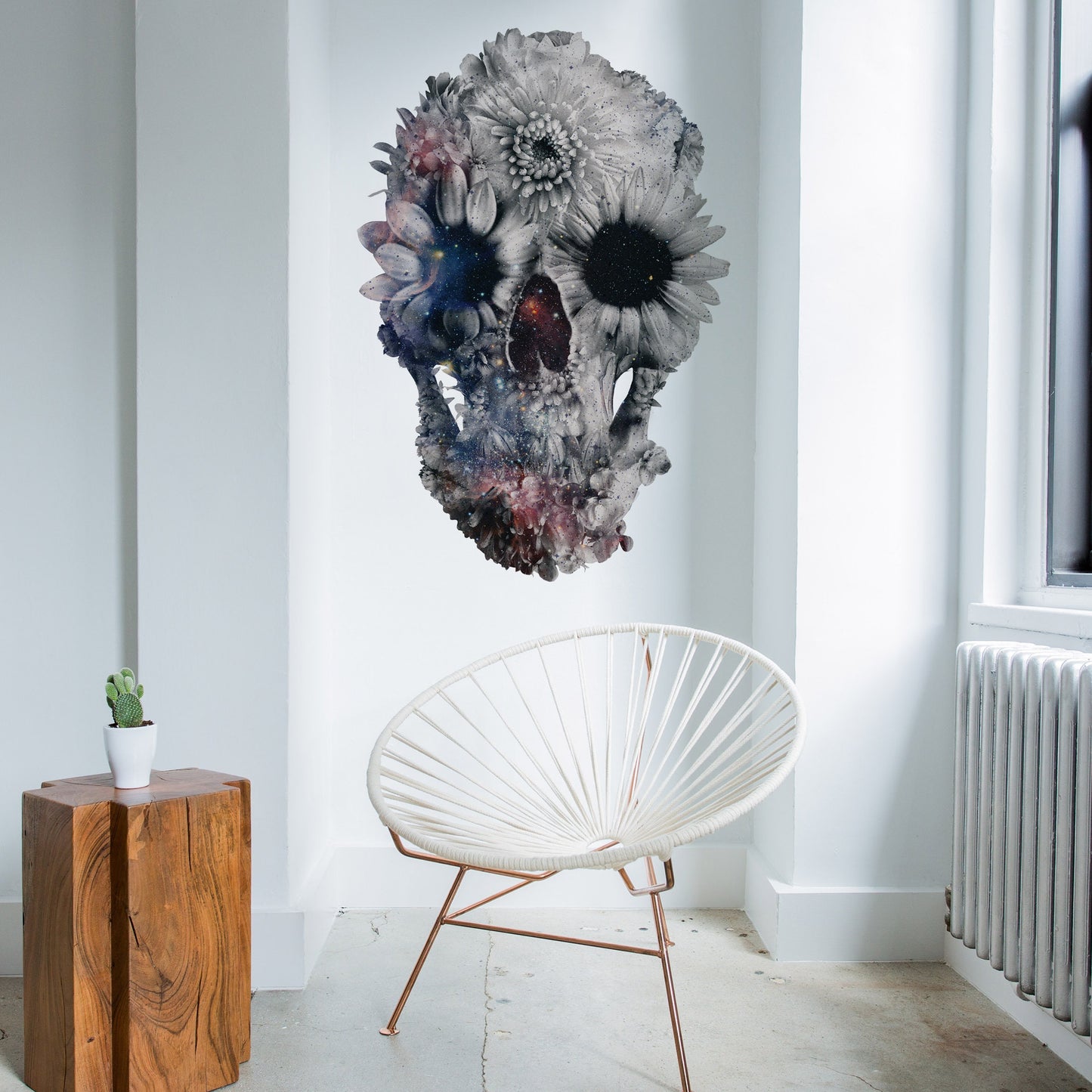Gothic Wall Sticker, Flower Skull Art Wall Decal, Vinyl Sugar Skull Home Decor, Black And White Skull Wall Art Gift, Floral Skull Wall Decal
