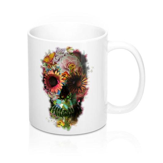 Flower Skull Coffee Mug 11oz, Sugar Skull Mug Gift, Boho Skull Ceramic Coffee Mug, Floral Skull Drawing Mug