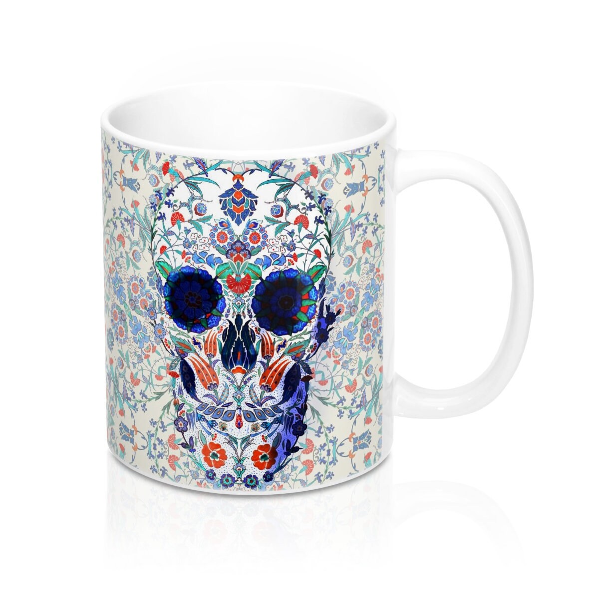 Flower Skull Coffee Mug 11oz, Sugar Skull Mug Gift, Tile Pattern Skull Ceramic Coffee Mug, Floral Skull Drawing Mug