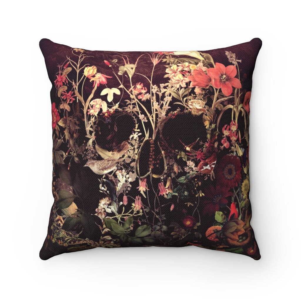 Skull Throw Pillow, Floral Sugar Skull Spun Polyester Square Pillow, Flower Skull Home Decor, Gothic pillow Gift