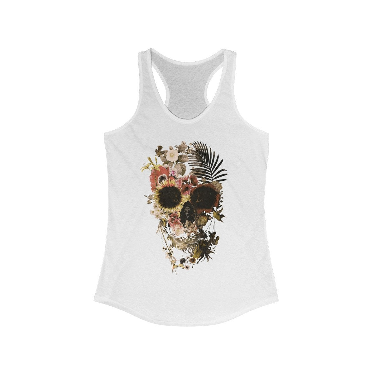 Garden Skull Women's Tank Top, Womens Racerback Floral Skull Tank Top, Gothic Flower Skull Tank Gift For Her