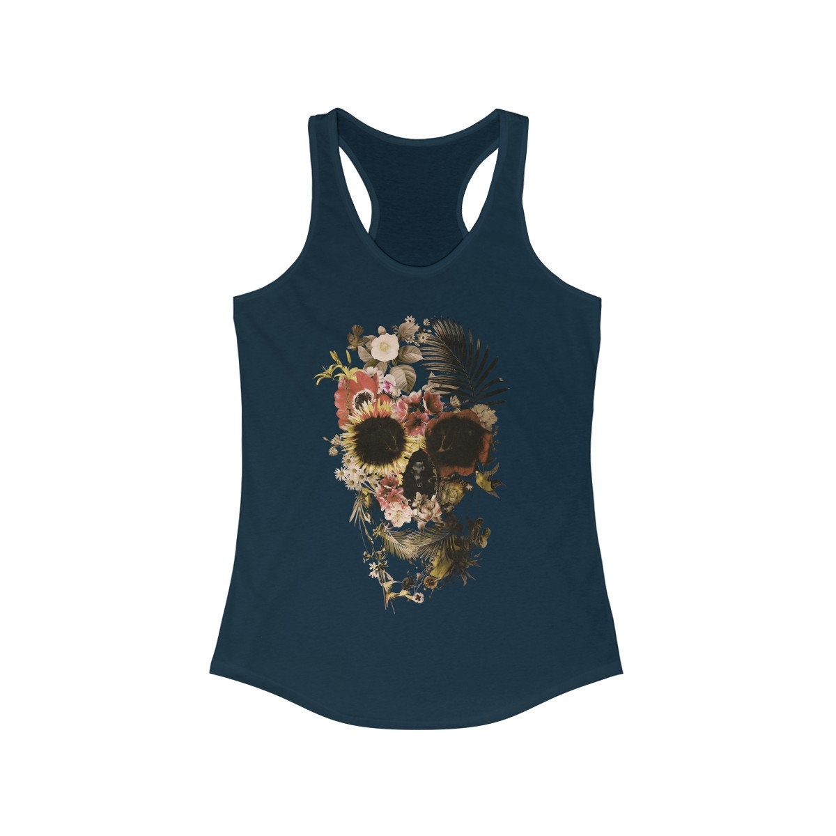Garden Skull Women's Tank Top, Womens Racerback Floral Skull Tank Top, Gothic Flower Skull Tank Gift For Her