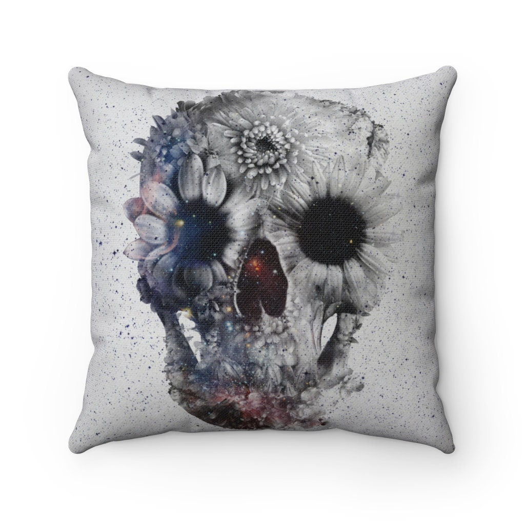 Floral Skull Throw Pillow, Boho Skull Spun Polyester Square Pillow, Gothic Sugar Skull Home Decor, Skull Pillow Decor Gift