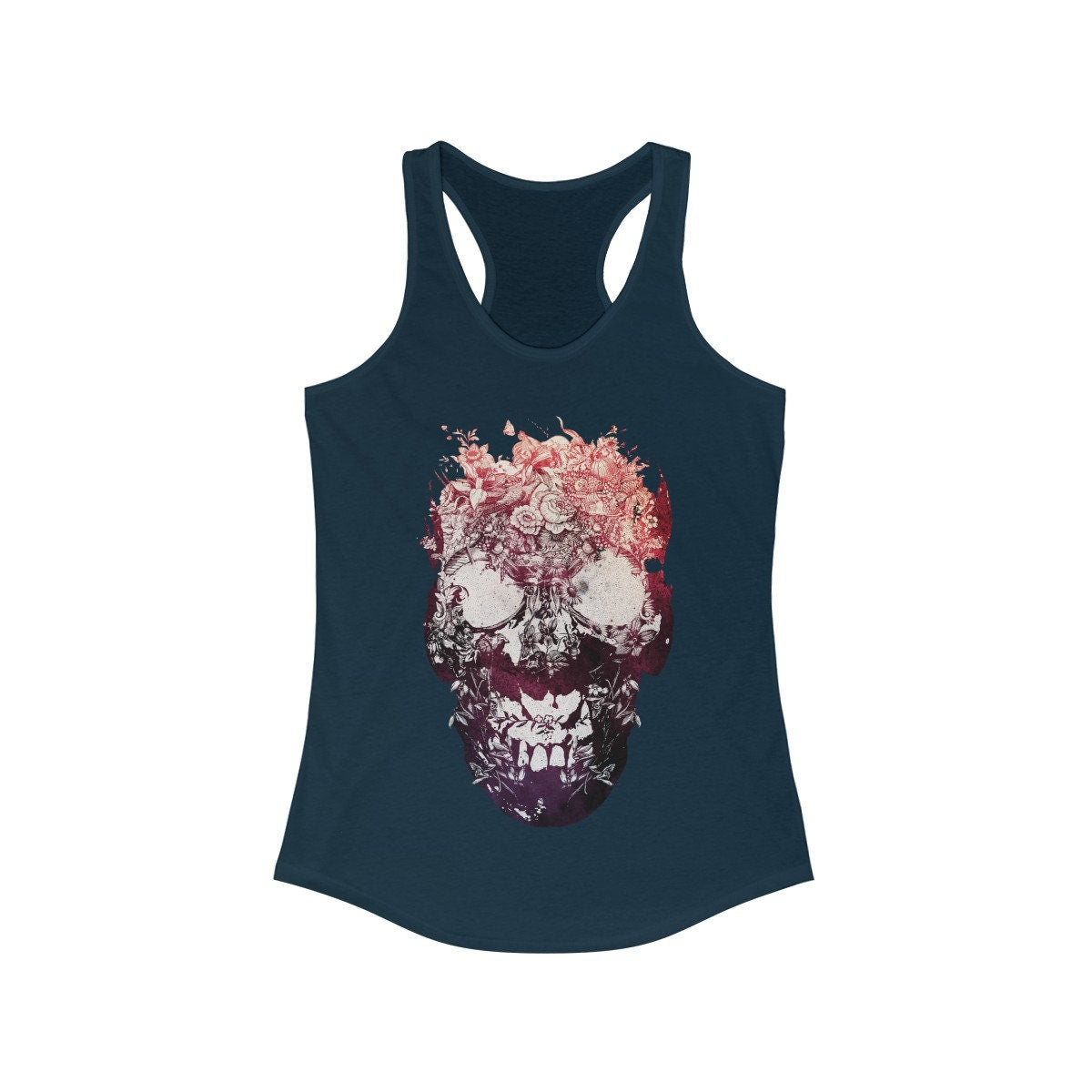 Women's Skull Tank Top, Floral Skull Womens Racerback Tank Top, Gothic Flower Skull Tank Gift For Her