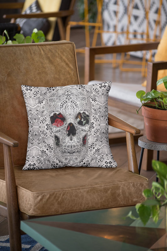 Lace Skull Throw Pillow, Sugar Skull Spun Polyester Square Pillow, Gothic Flower Skull Home Decor, Lace Pillow Gift
