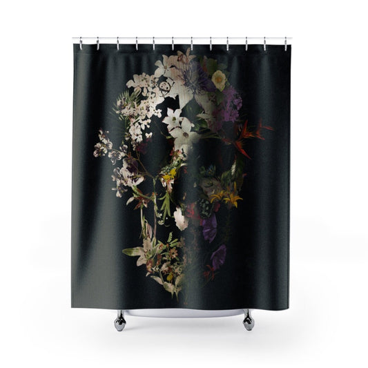 Floral Shower Curtain, Flower Skull Shower Curtain Decor, Gothic Sugar Skull Shower Curtain Home Decor, Skull Print Modern Bathroom Decor