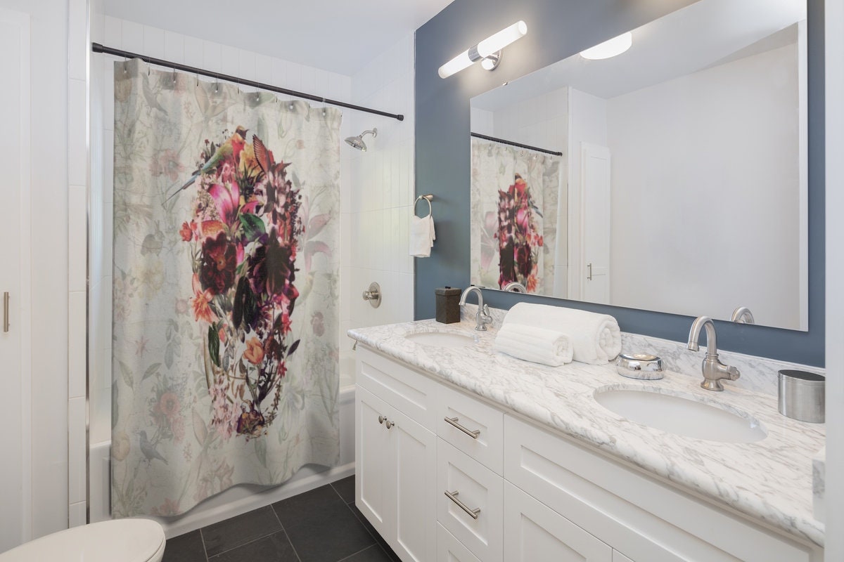 Flower Skull Shower Curtain, Boho Floral Skull Shower Curtain Decor, Gothic Sugar Skull Shower Curtain Home Decor, Skull Bathroom Decor