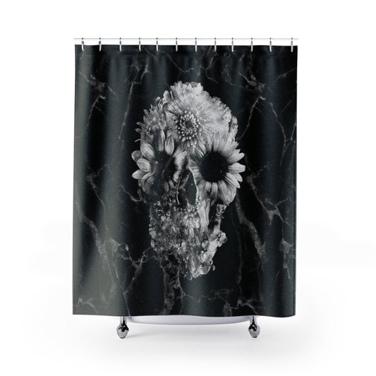 Marble Skull Shower Curtain, Boho Skull Shower Curtain Decor, Gothic Flower Sugar Skull Shower Curtain Home Decor, Floral Bathroom Decor