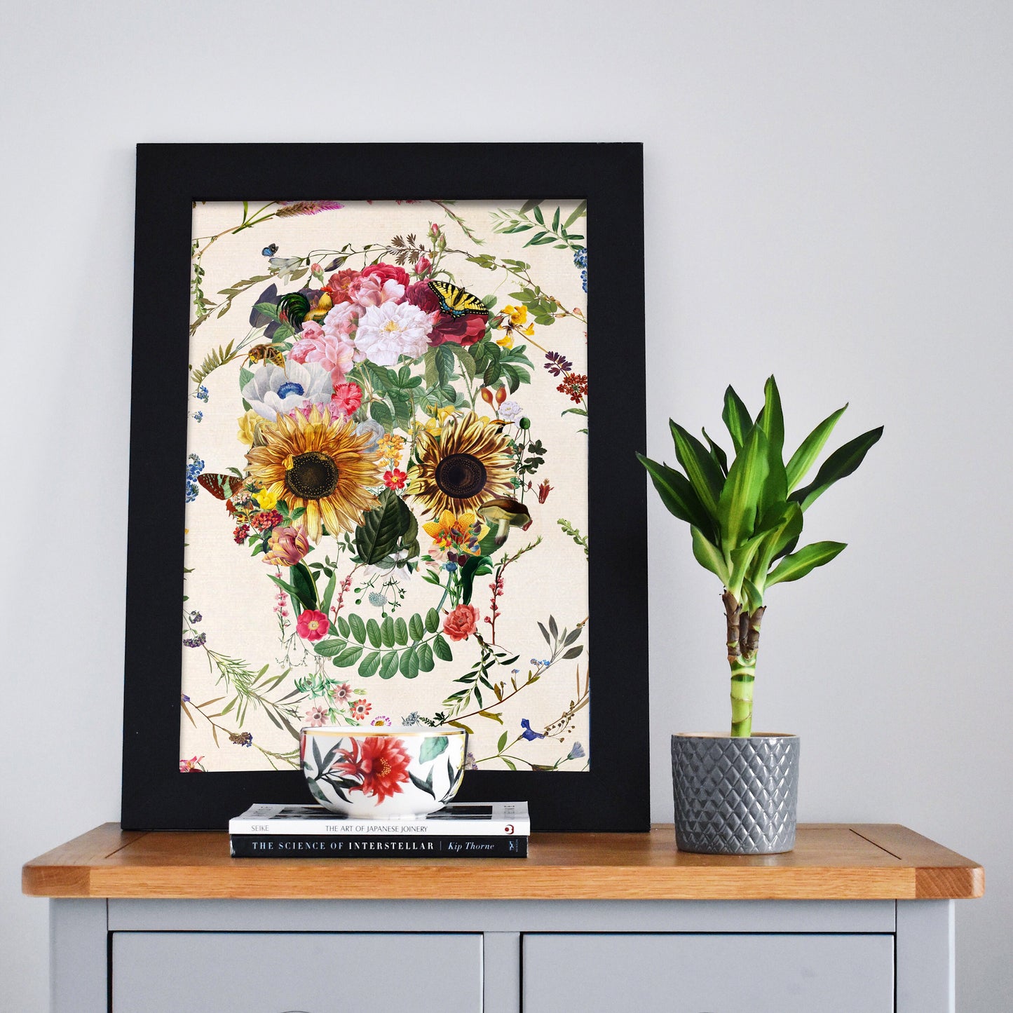 Floral Skull Poster, Circle Flower Skull Art Print, Sugar Skull Poster Wall Art Gift, Boho Floral Skull Art Home Decor