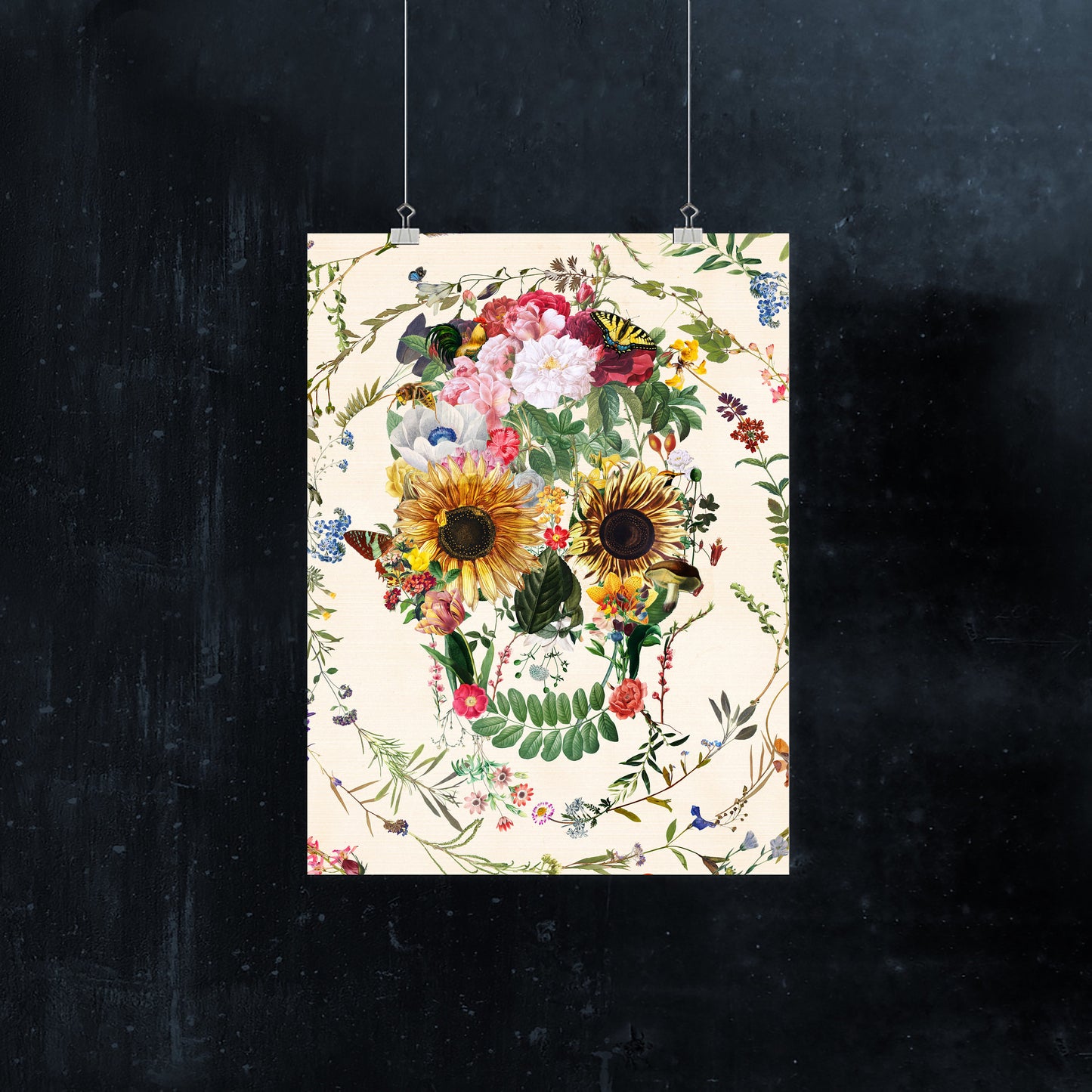 Floral Skull Poster, Circle Flower Skull Art Print, Sugar Skull Poster Wall Art Gift, Boho Floral Skull Art Home Decor
