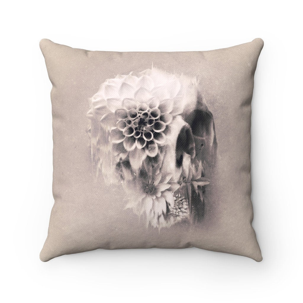 Flower Skull Throw Pillow, Floral Skull Spun Polyester Square Pillow, Gothic Sugar Skull Home Decor, Skull Pillow Decor Gift