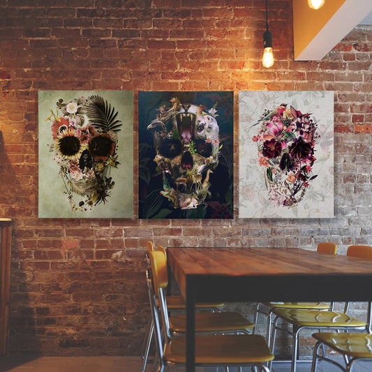 Set of 3 Skull Canvas Print, 3 Piece Gothic Skull Canvas Print Home Decor, Boho Flower Skull Wall Art Print Gift, Floral Skull Canvas Art