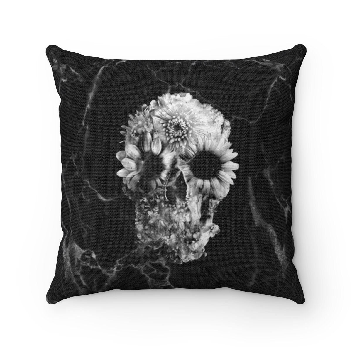 Marble Skull Throw Pillow, Black Floral Skull Spun Polyester Square Pillow, Gothic Sugar Skull Home Decor, Flower Skull Pillow Decor Gift