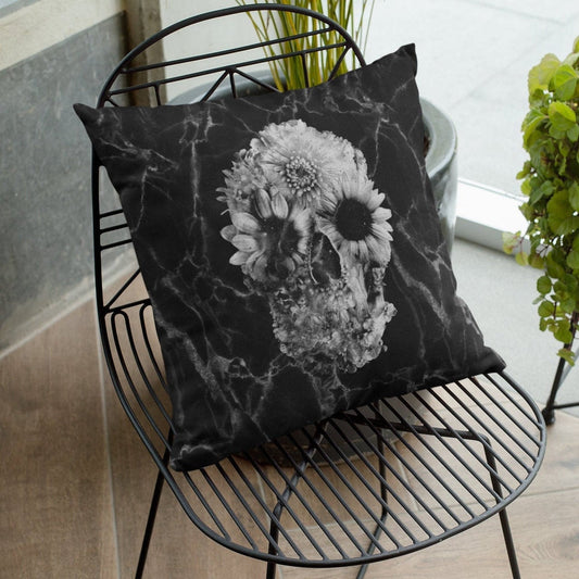 Marble Skull Throw Pillow, Black Floral Skull Spun Polyester Square Pillow, Gothic Sugar Skull Home Decor, Flower Skull Pillow Decor Gift