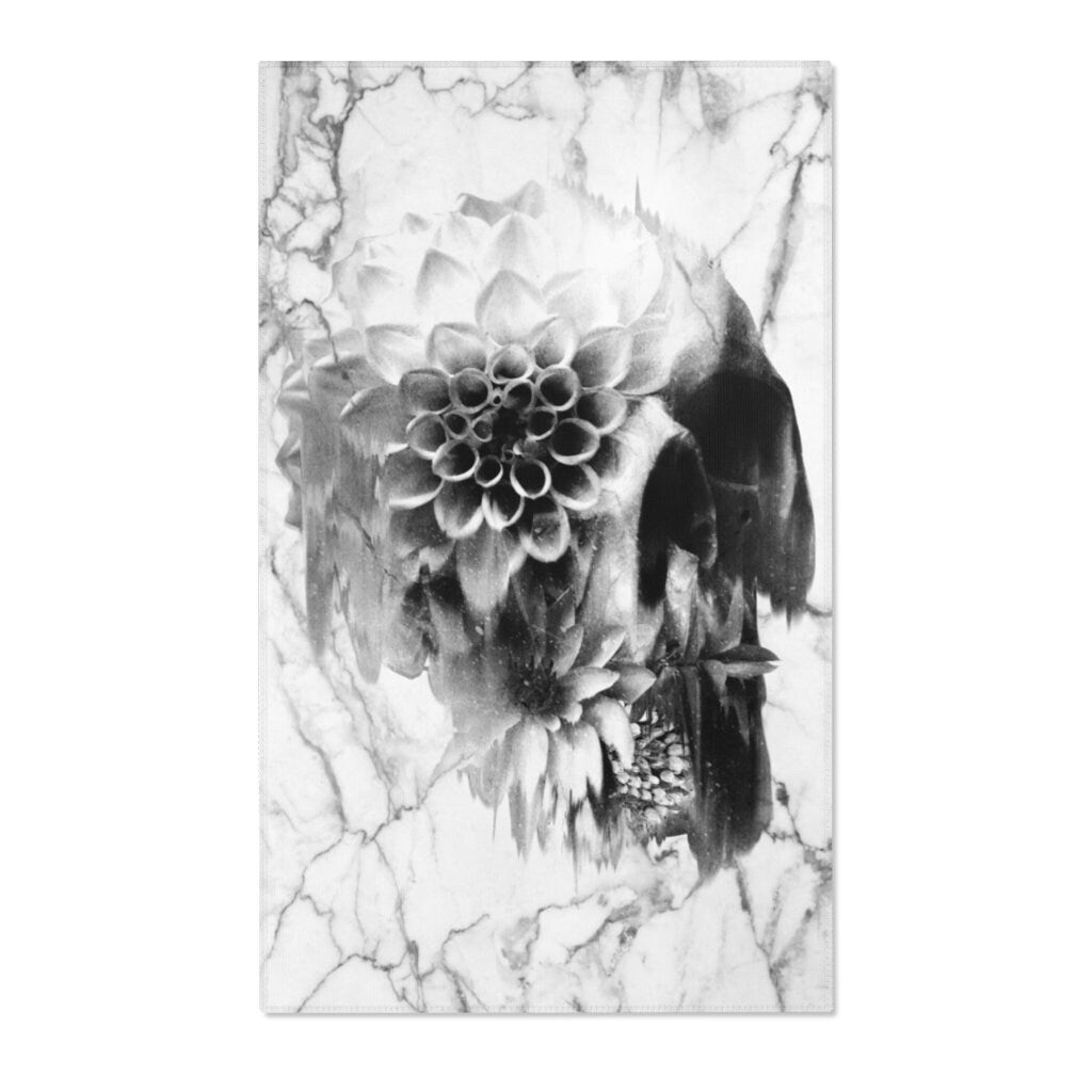 Sugar Skull Area Rug, Marble Skull Room Decor, Gothic Floral Sugar Skull Durable Floor Art, Black White Floor Rug