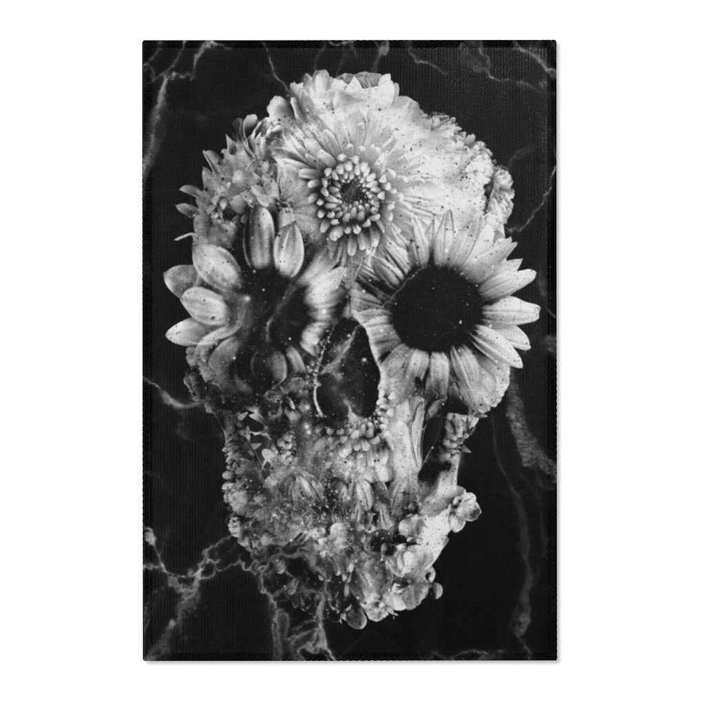 Marble Skull Area Rug, Gothic Skull Room Decor, Floral Sugar Skull Durable Floor Art, Black White Gothic Rug