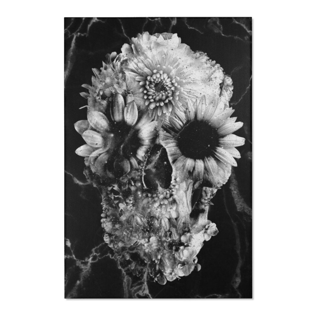 Marble Skull Area Rug, Gothic Skull Room Decor, Floral Sugar Skull Durable Floor Art, Black White Gothic Rug