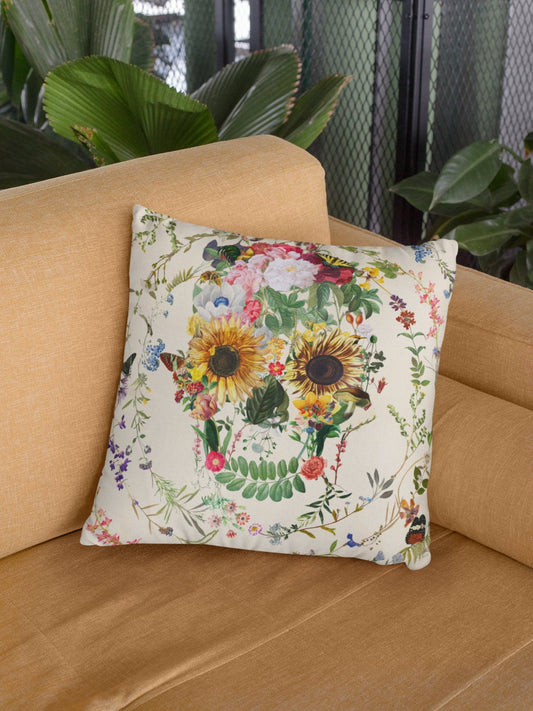 Flowery Skull Throw Pillow, Floral Skull Spun Polyester Square Pillow, Gothic Sugar Skull Home Decor, Boho Skull Pillow Decor Gift