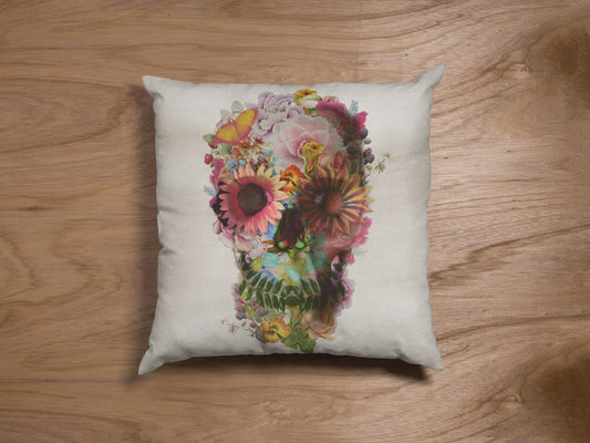 Flower Skull Throw Pillow, Boho Skull Spun Polyester Square Pillow, Gothic Sugar Skull Home Decor, Floral Skull Pillow Decor Gift