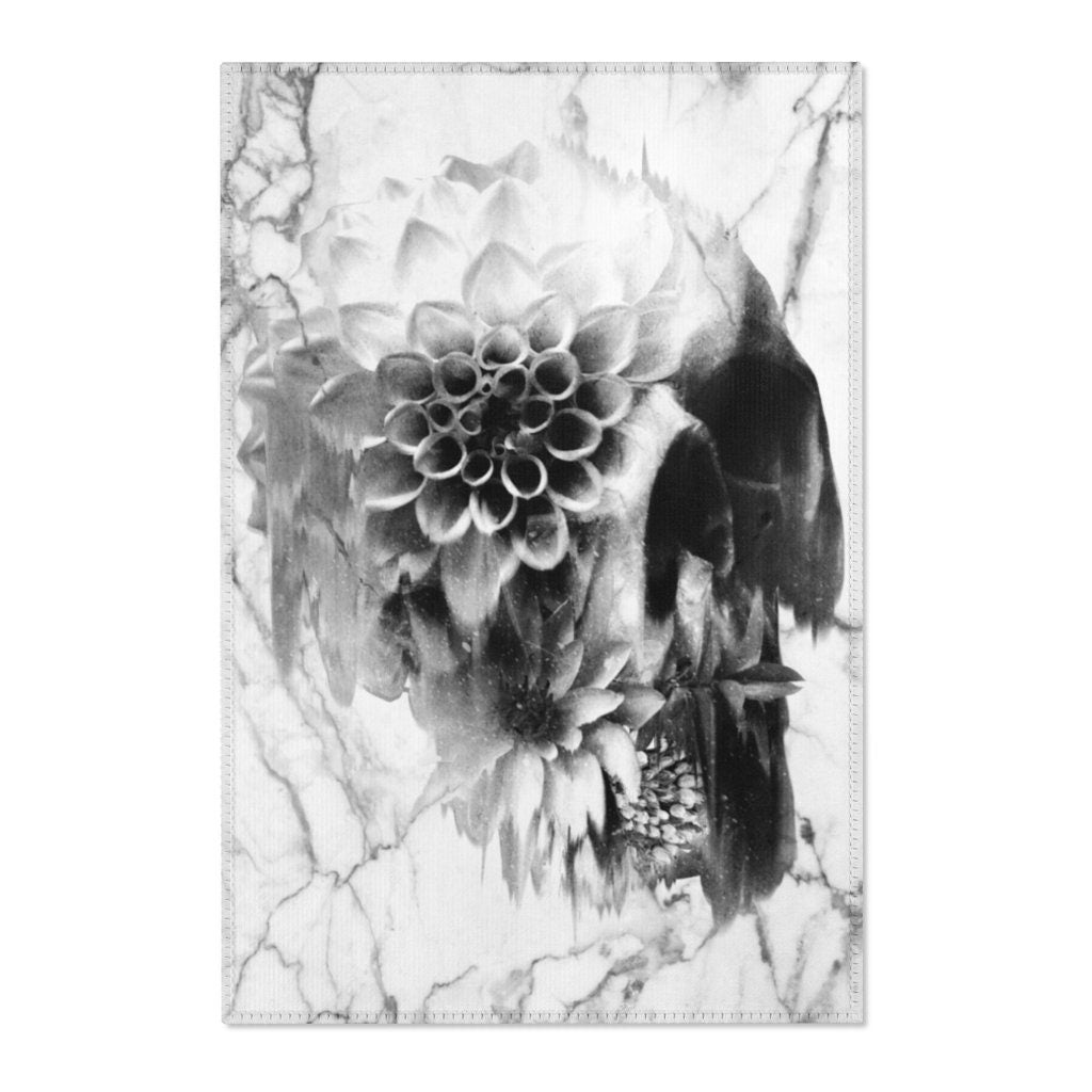 Sugar Skull Area Rug, Marble Skull Room Decor, Gothic Floral Sugar Skull Durable Floor Art, Black White Floor Rug