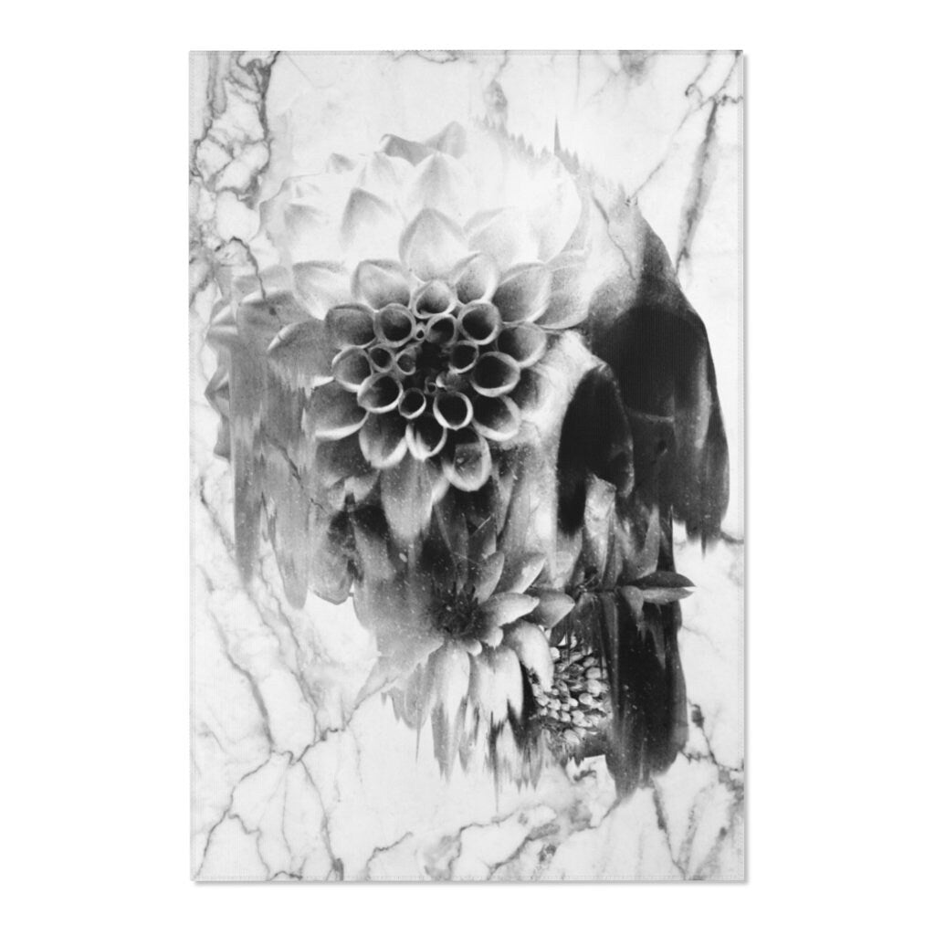 Sugar Skull Area Rug, Marble Skull Room Decor, Gothic Floral Sugar Skull Durable Floor Art, Black White Floor Rug