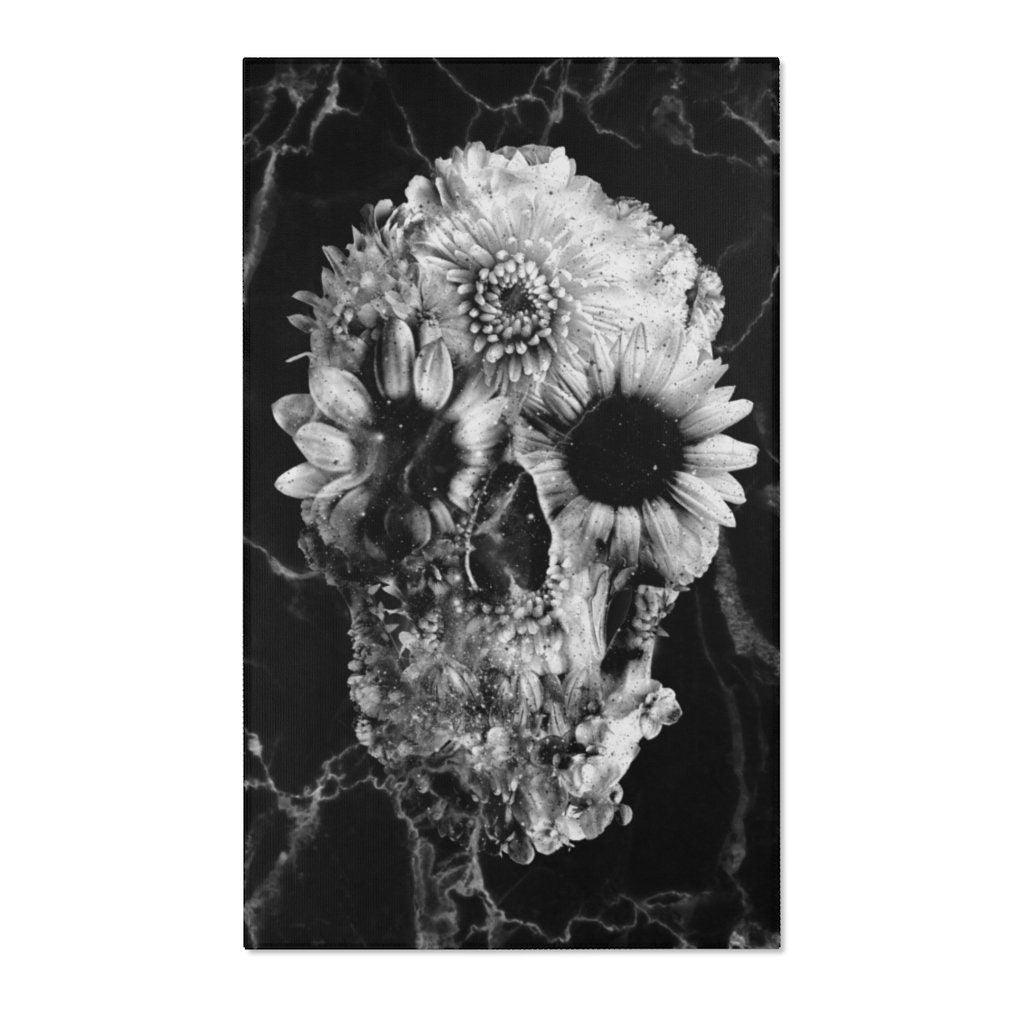 Marble Skull Area Rug, Gothic Skull Room Decor, Floral Sugar Skull Durable Floor Art, Black White Gothic Rug