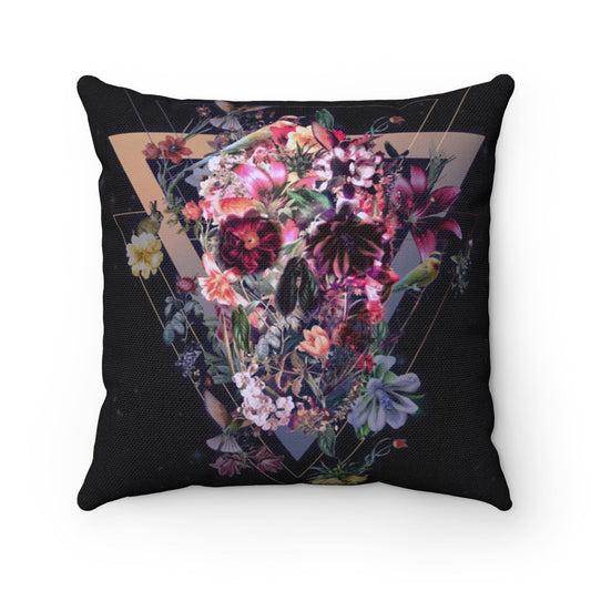 Floral Skull Throw Pillow, Boho Skull Spun Polyester Square Pillow, Gothic Sugar Skull Home Decor, Black Flower Skull Pillow Decor Gift