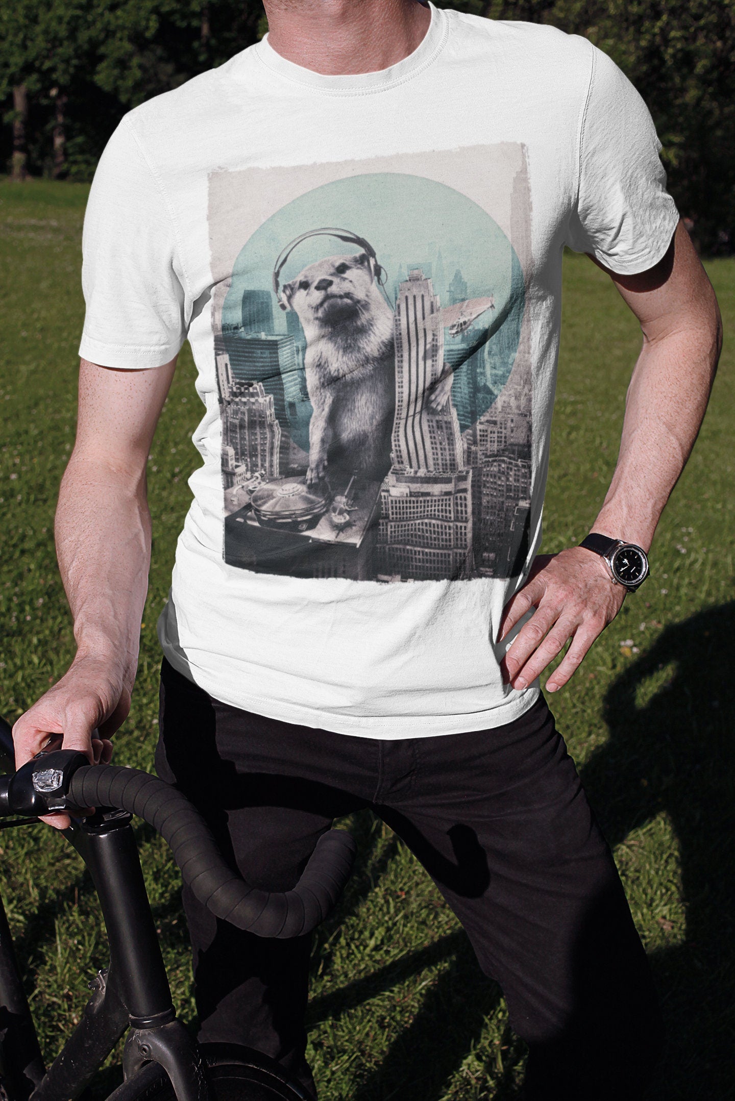 Men's Otter T-shirt, DJ Otter Mens Tshirt, Funny Otter Art Print Shirt, Original Funny Animal Art, Cool Otter Gift For Him