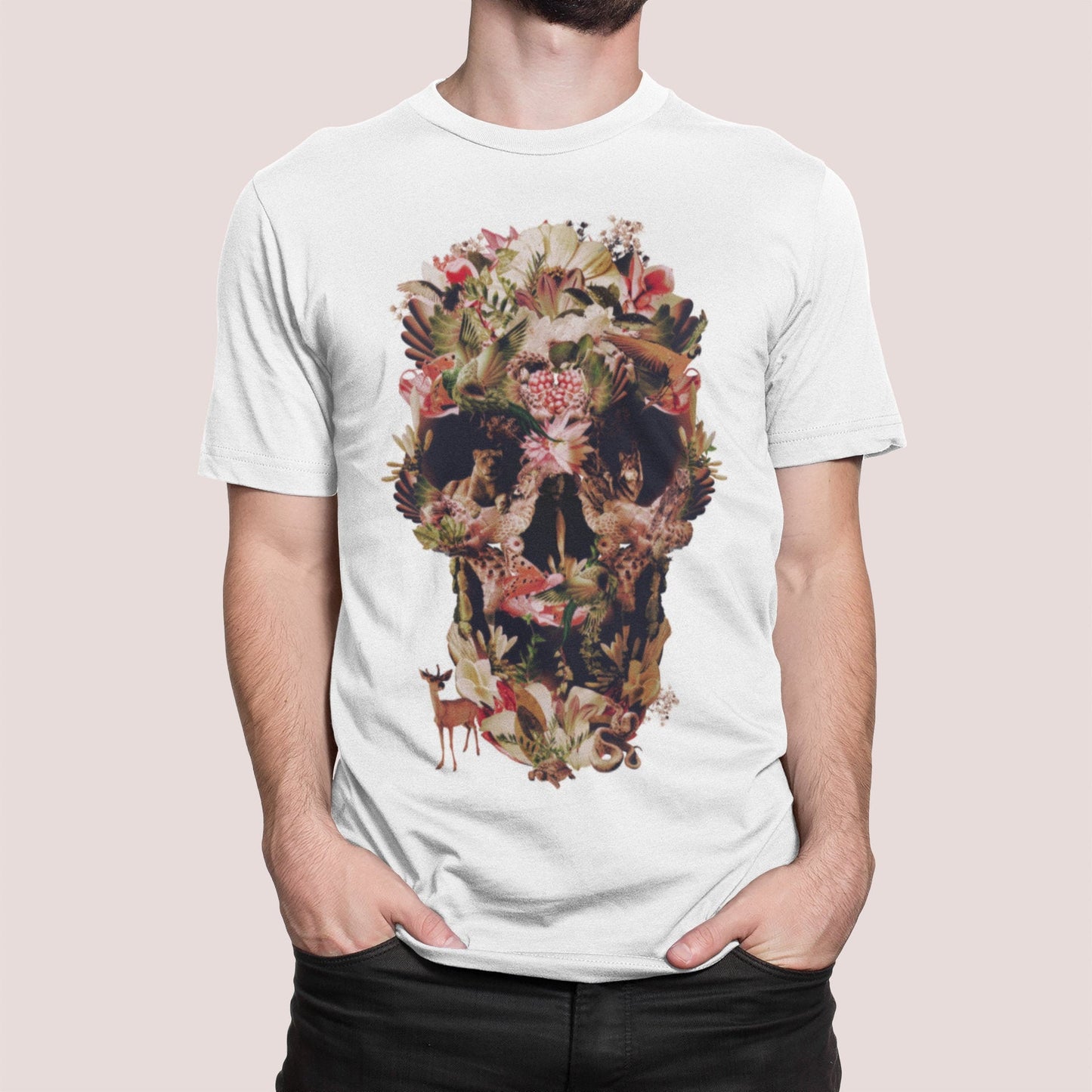 Jungle Skull Men's T-shirt, Flower Skull Mens Graphic Tee, Sugar Skull Mens TShirt, Bella Canvas Skull Print Shirt Gift For Him