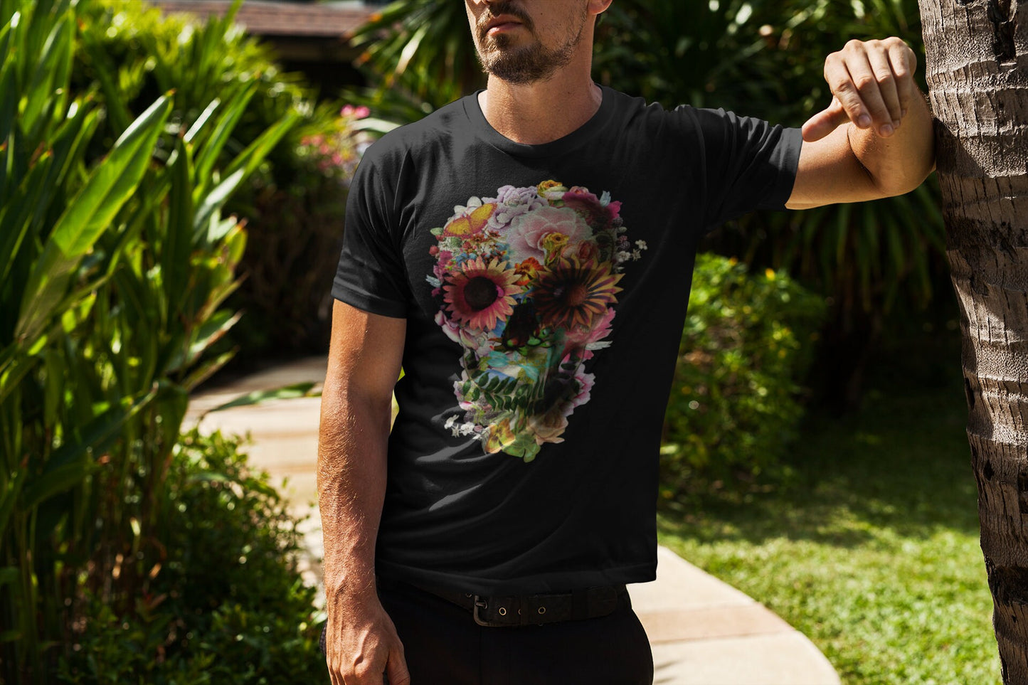 Floral Skull Men's T-shirt, Skull Art Print T shirt, Skull Gift For Him, Boho Sugar Skull Illustration Graphic Tee