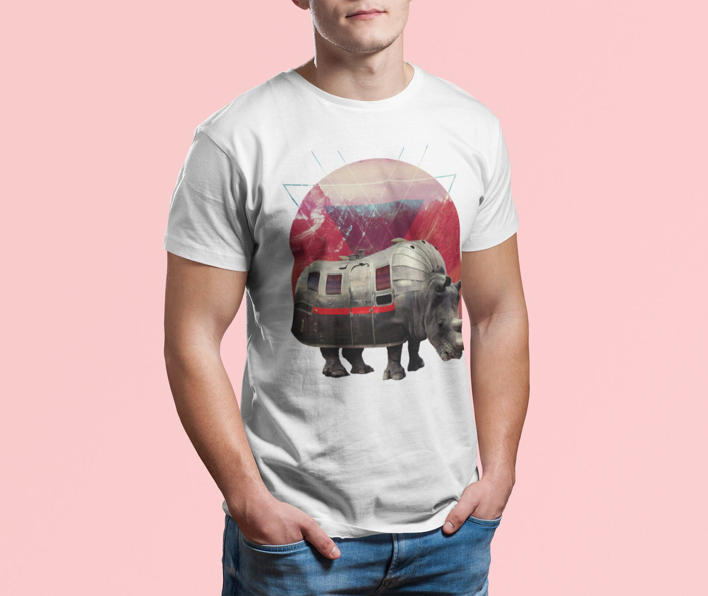 Rhino Print Mens T shirt, Animal Art Printed Tshirt Gift For Him, Animal Illustration Graphic Tee, Bella Canvas Nature Illustration Shirt