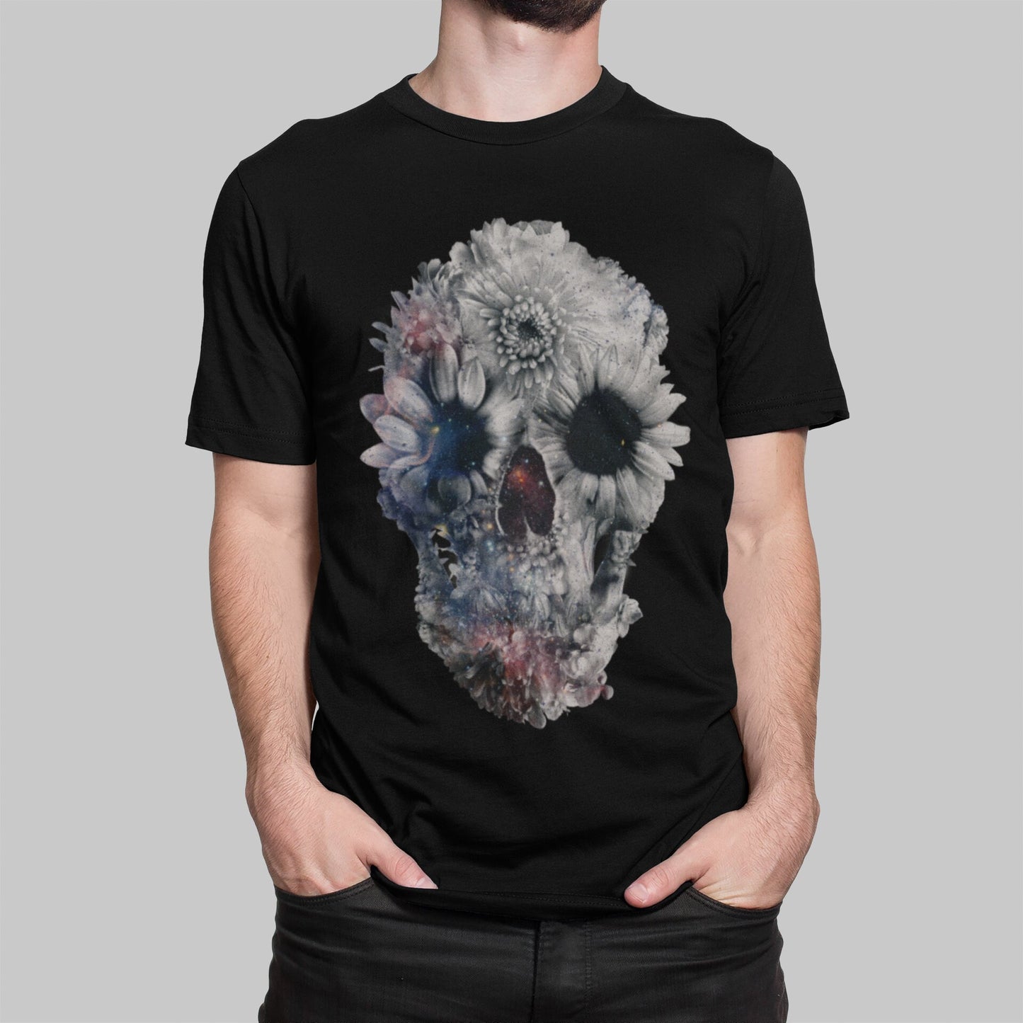 Floral Skull Men's T-shirt, Sugar Skull Art Print Mens Tshirt, Black And White Mens Graphic Tees, Bella Canvas Skull Print Gift For Him