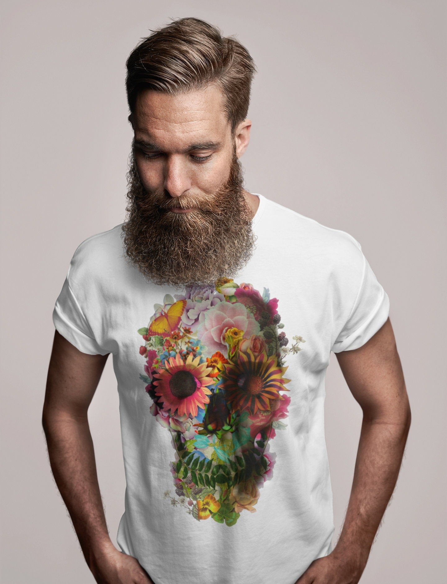 Floral Skull Men's T-shirt, Skull Art Print T shirt, Skull Gift For Him, Boho Sugar Skull Illustration Graphic Tee