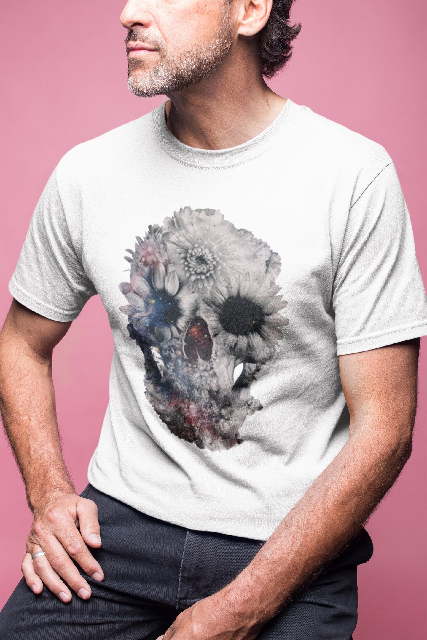 Floral Skull Men's T-shirt, Sugar Skull Art Print Mens Tshirt, Black And White Mens Graphic Tees, Bella Canvas Skull Print Gift For Him